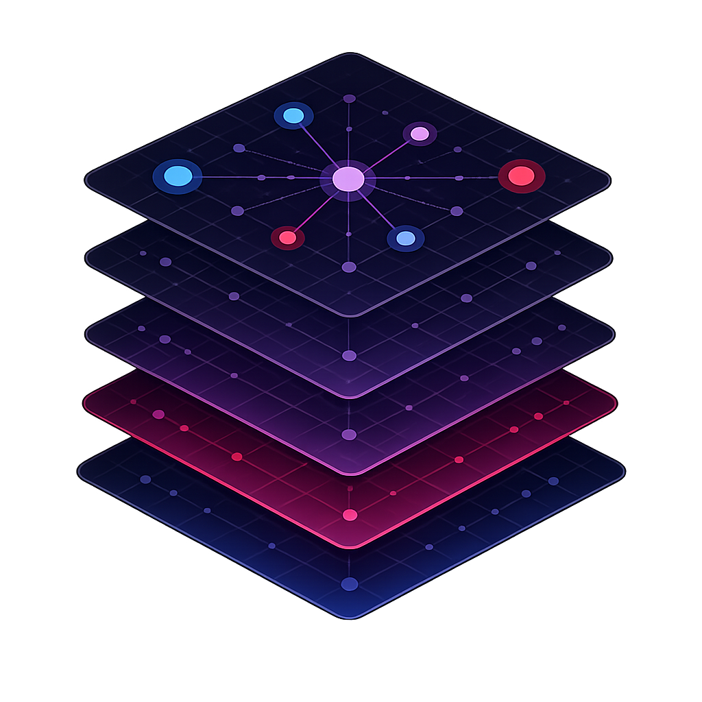 Dark Mesh stack symbol representing interconnected project assets.